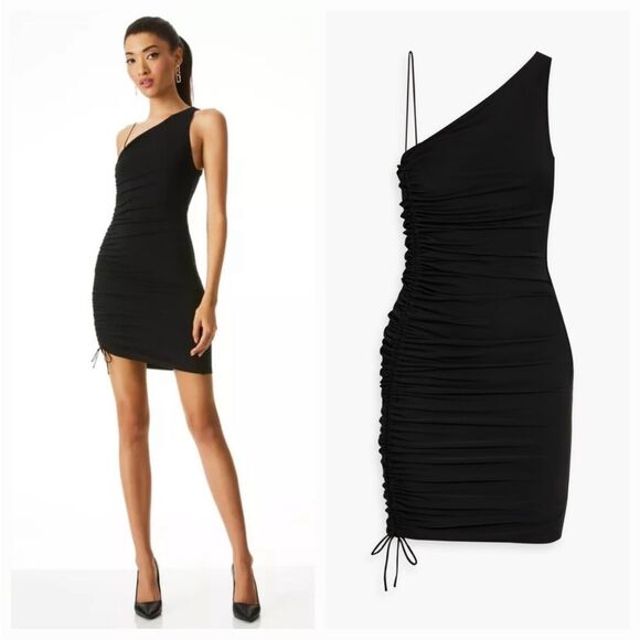 ALICE + OLIVIA Binnie Asymmetric Ruched Jersey Mini dress in Black Size 2 NWT - Picture 2 of 5